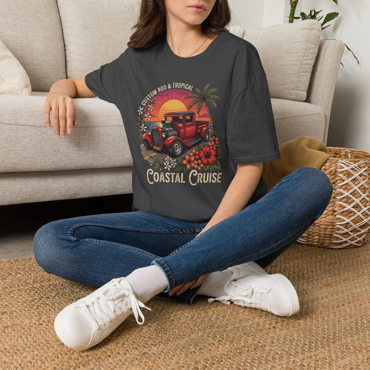 Coastal Cruise Vintage Car T‑Shirt — Retro Sunset Tropical Road Trip Tee
