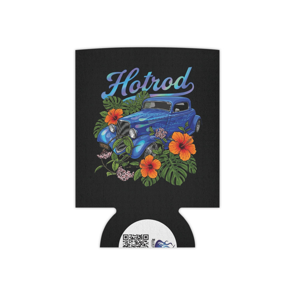 Hotrod Can Cooler — Vintage Blue Car Tropical Hibiscus Beverage Koozie