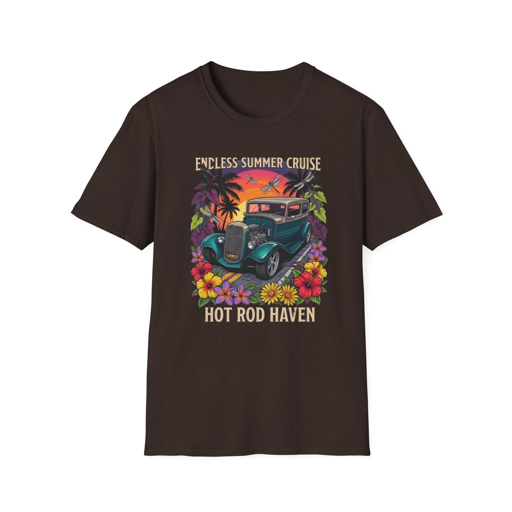 Vintage Hot Rod T-Shirt — "Endless Summer Cruise" Retro Car Sunset Tee with tropical botanicals