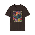 Vintage Hot Rod T-Shirt — "Endless Summer Cruise" Retro Car Sunset Tee with tropical botanicals