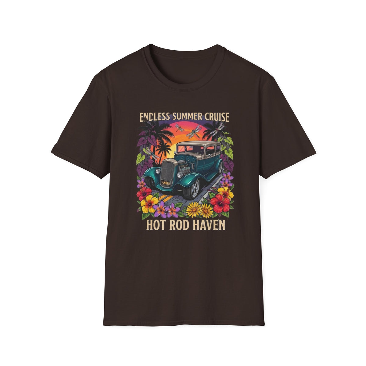 Vintage Hot Rod T-Shirt — "Endless Summer Cruise" Retro Car Sunset Tee with tropical botanicals