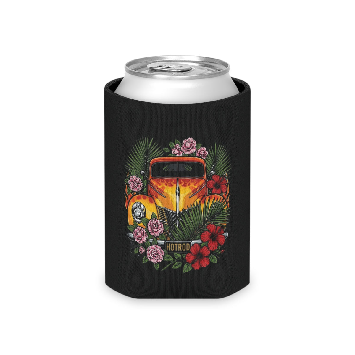 Retro vintage orange car with flames Can Cooler — Tropical Vintage Car