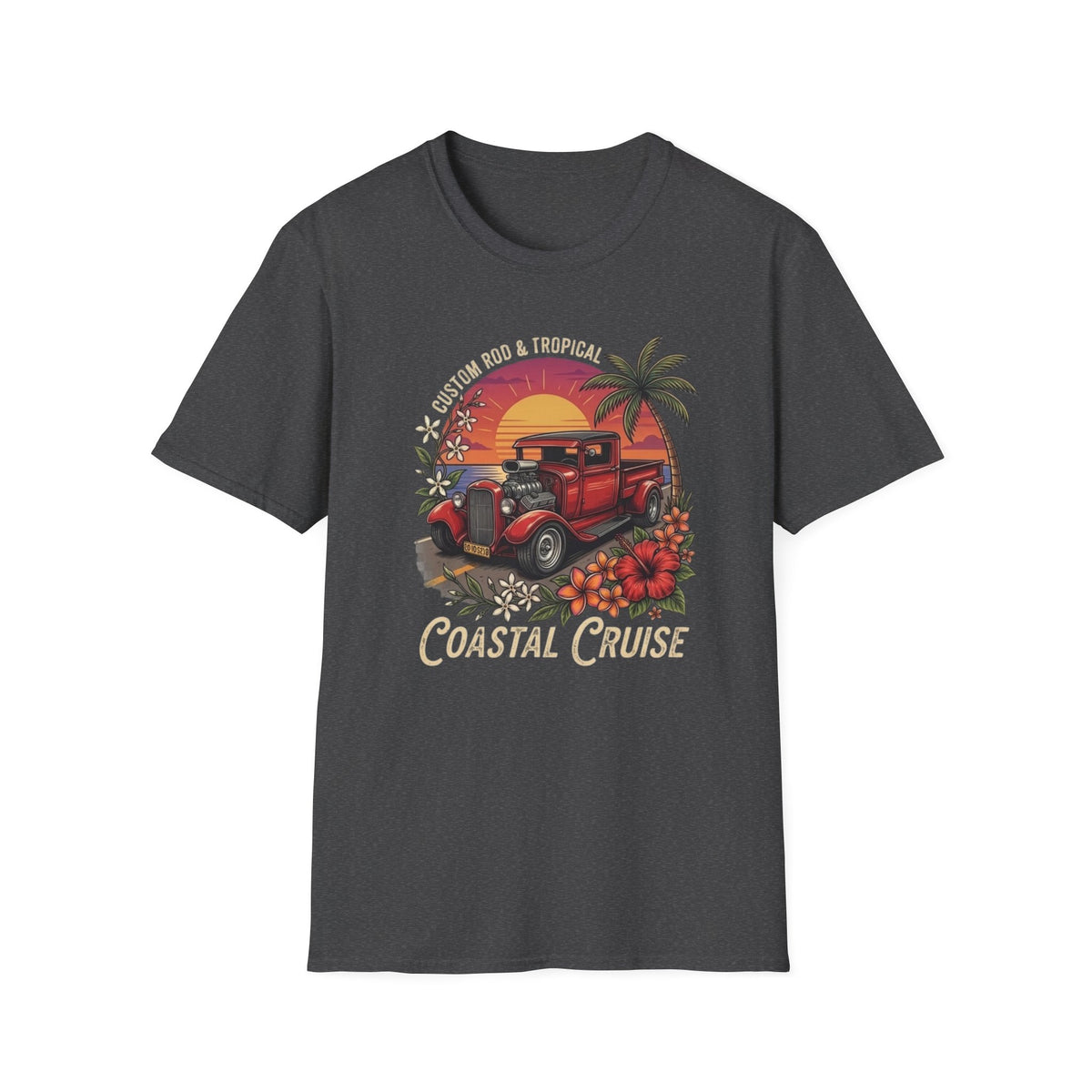 Coastal Cruise Vintage Car T‑Shirt — Retro Sunset Tropical Road Trip Tee