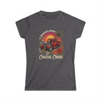 Women's Softstyle Tee Coastal cruise with hot rod ute and setting sun and frangipani hibiscus and palm tree botanical