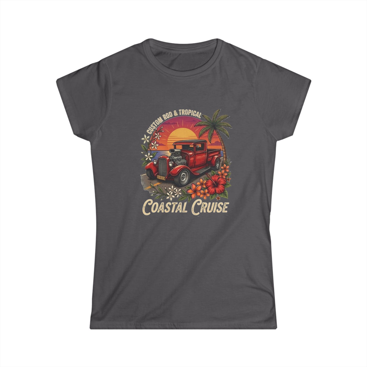 Women's Softstyle Tee Coastal cruise with hot rod ute and setting sun and frangipani hibiscus and palm tree botanical