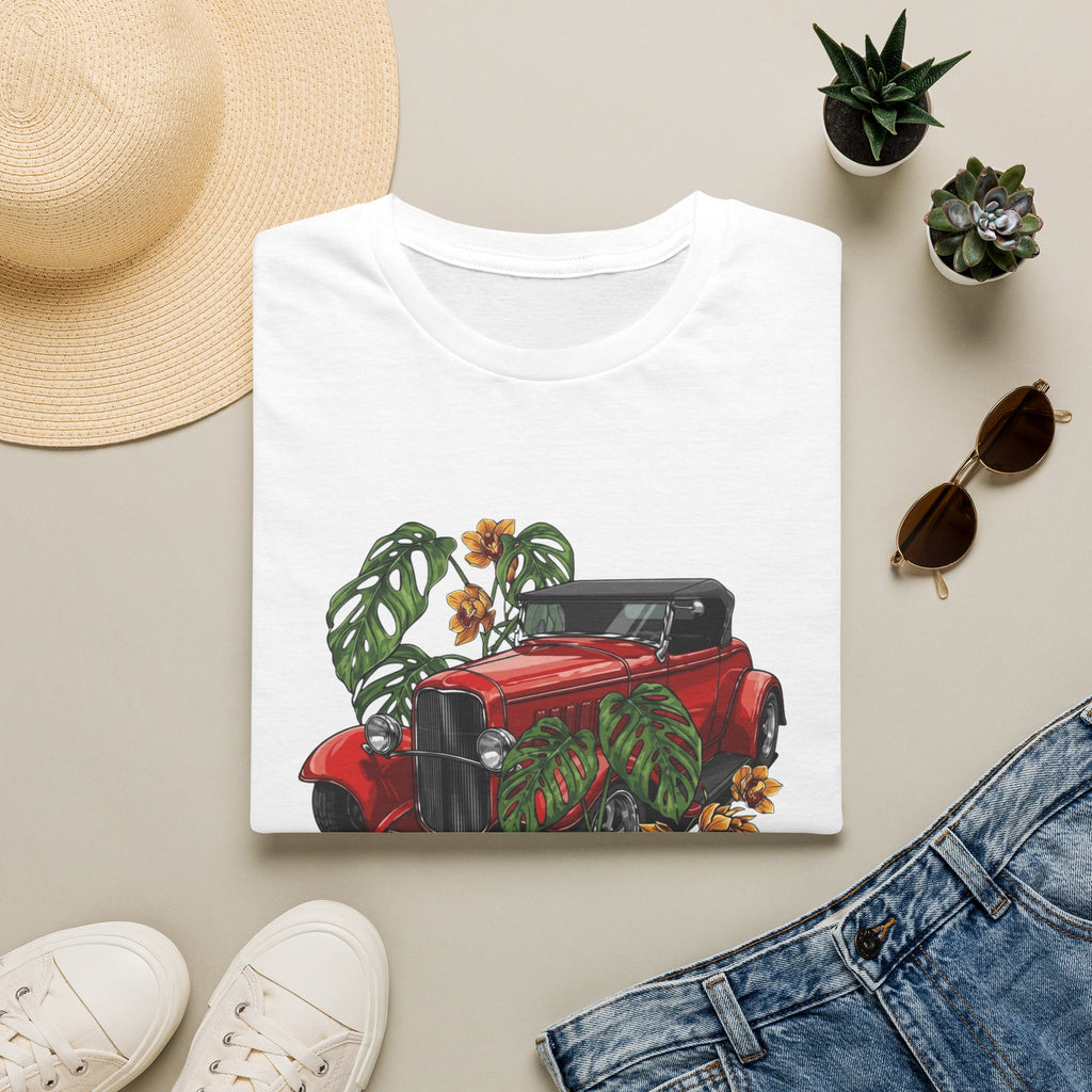 Vintage Red Car Tee — Retro Convertible with Tropical Leaves Graphic
