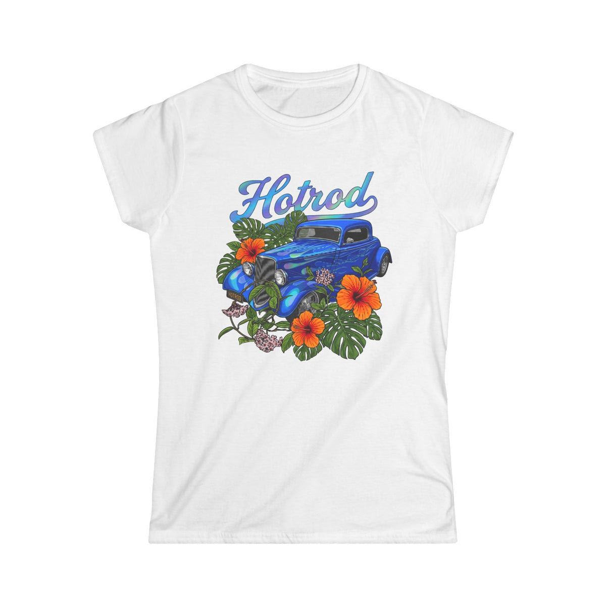 Softstyle Tee Vintage blue hotrod car with blue flames, monstera leaves and orange hibiscus.