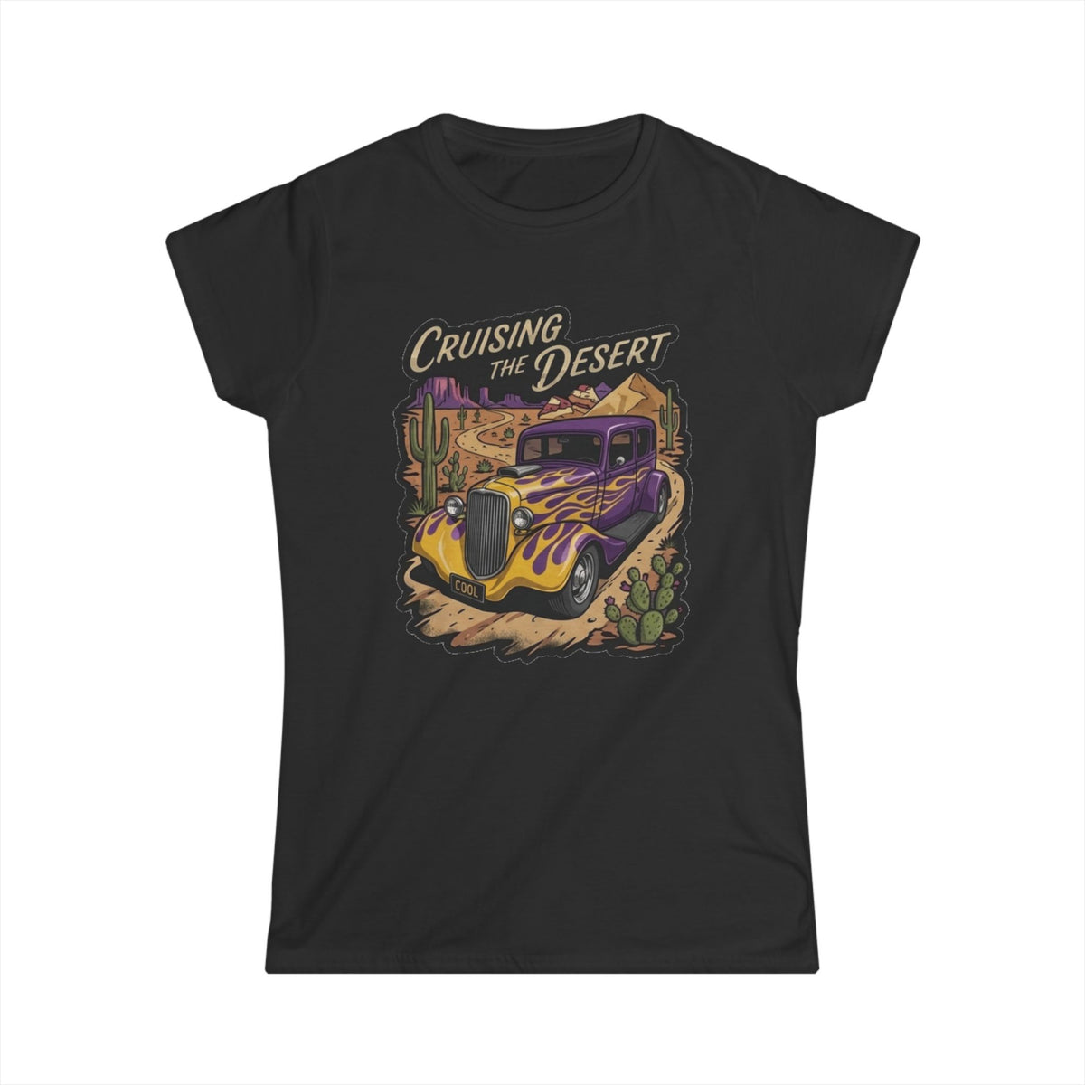 Crusing the desert with purple and gold flamed coupe desert scene and cactus botanical Blue Flames design Studio