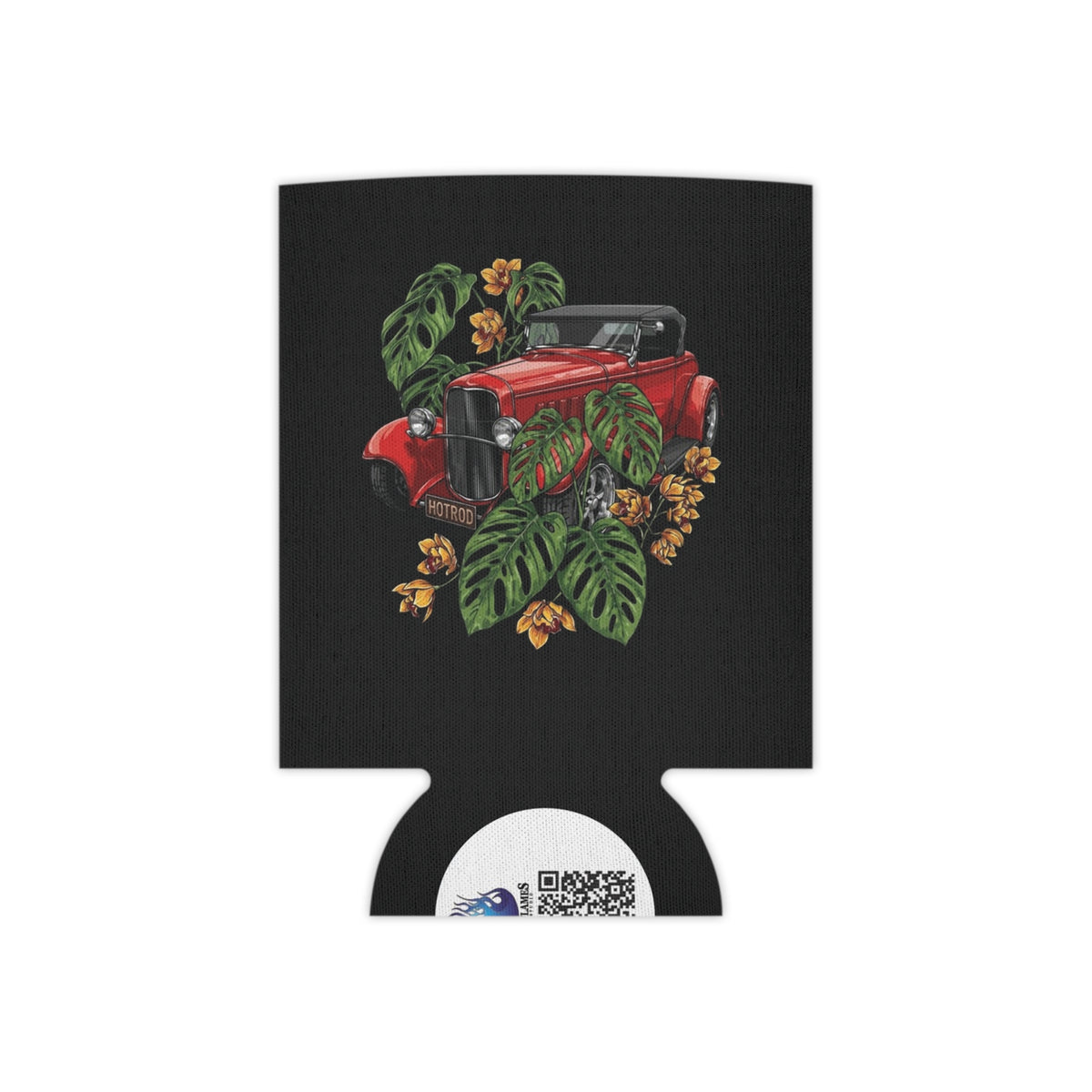 Can Cooler — Vintage Red Roadster with Tropical Leaves Drink Koozie