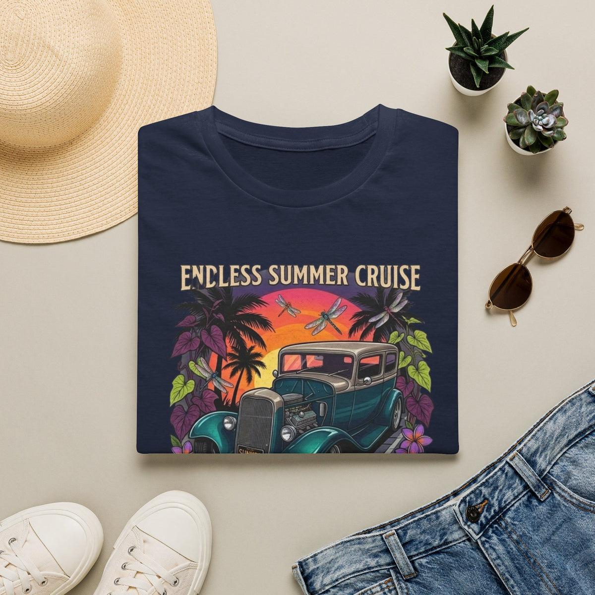 Vintage Hot Rod T-Shirt — "Endless Summer Cruise" Retro Car Sunset Tee with tropical botanicals