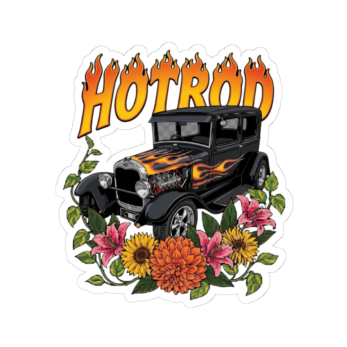 Hotrod Floral Sticker — Vintage Flame Car Kiss-Cut Decal