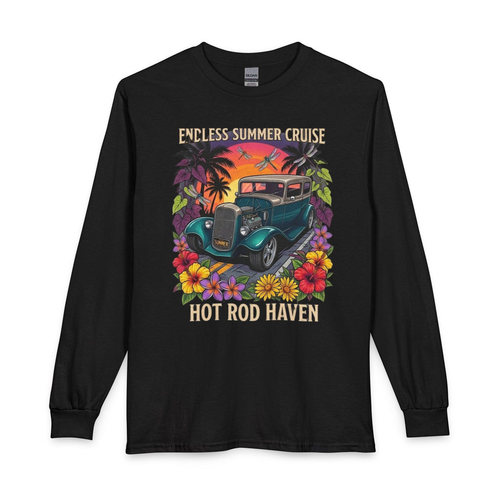 Hot Rod Haven Long Sleeve Tee — “Endless Summer Cruise” Vintage Car Beach Shirt with botanicals