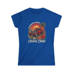 Women's Softstyle Tee Coastal cruise with hot rod ute and setting sun and frangipani hibiscus and palm tree botanical