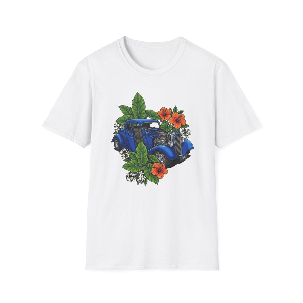 Botanical custom car culture with blue vintage car with elephant ears, orange hibiscus and white jasmine.