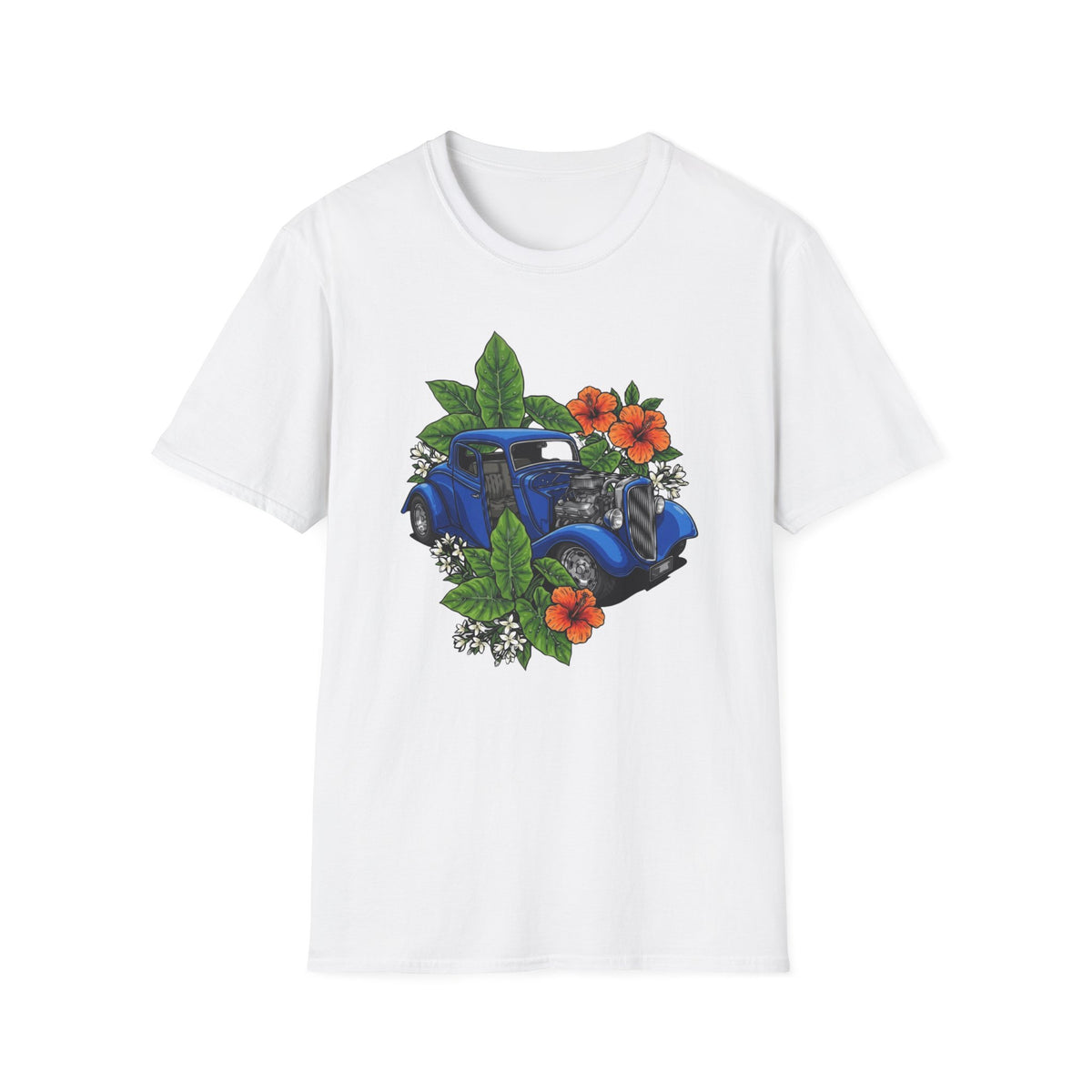 Botanical custom car culture with blue vintage car with elephant ears, orange hibiscus and white jasmine.