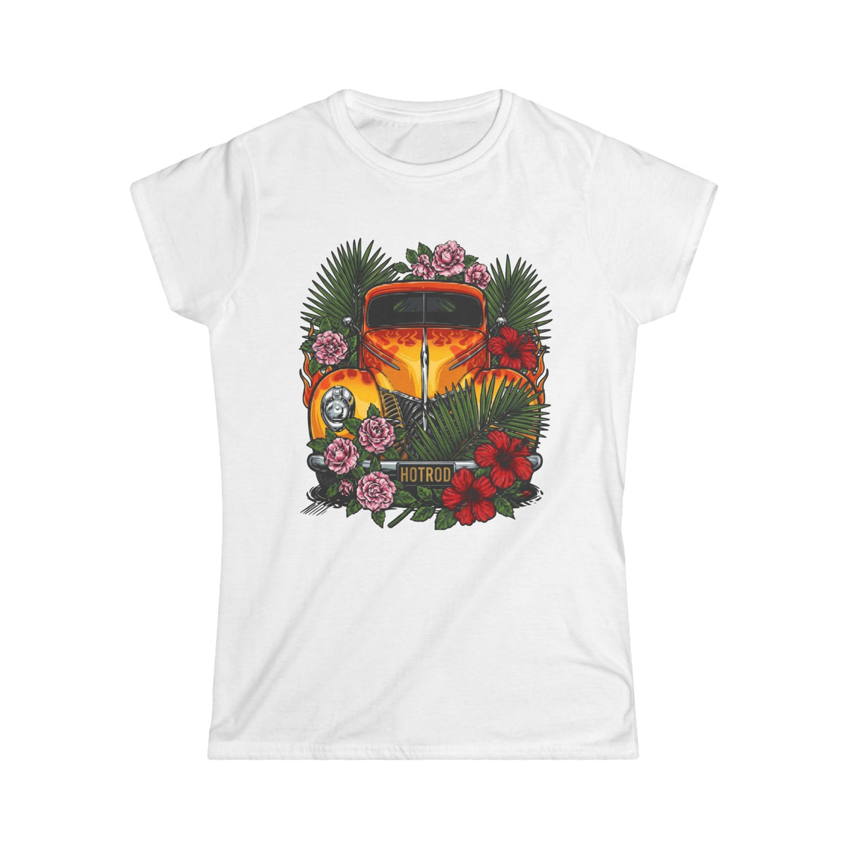 Women's Tee — Classic orange vintage hotrod with flames