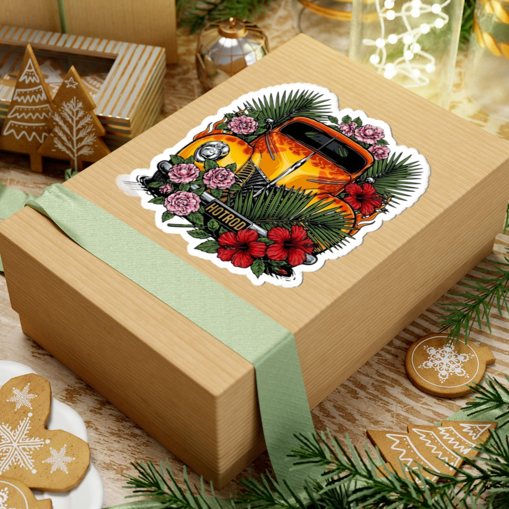 Hot Rod Floral Sticker — Vintage Orange Car with Hibiscus & Palms