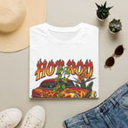 Botanical vintage custom car culture orange car with yellow flames and goldern pothos and bird of paradise