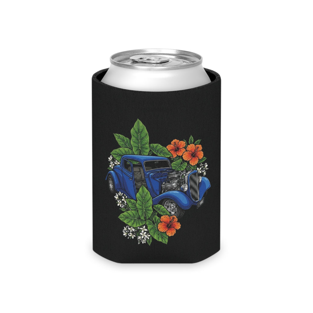 Classic Car Can Cooler — Vintage Blue Hot Rod with Tropical Flowers
