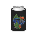 Classic Car Can Cooler — Vintage Blue Hot Rod with Tropical Flowers