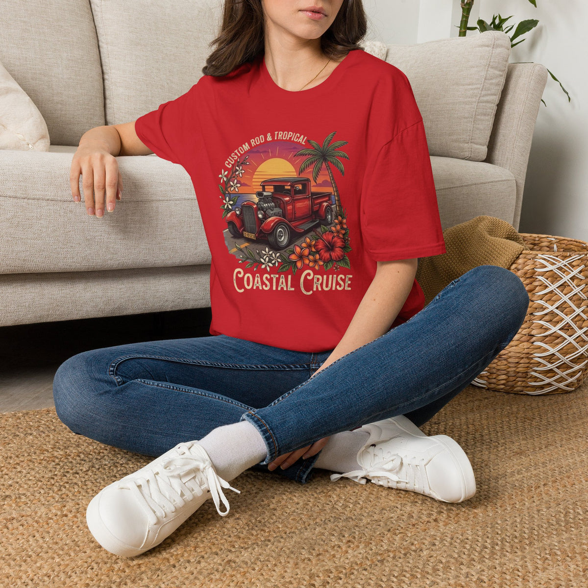 Coastal Cruise Vintage Car T‑Shirt — Retro Sunset Tropical Road Trip Tee