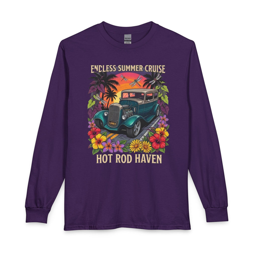 Hot Rod Haven Long Sleeve Tee — “Endless Summer Cruise” Vintage Car Beach Shirt with botanicals
