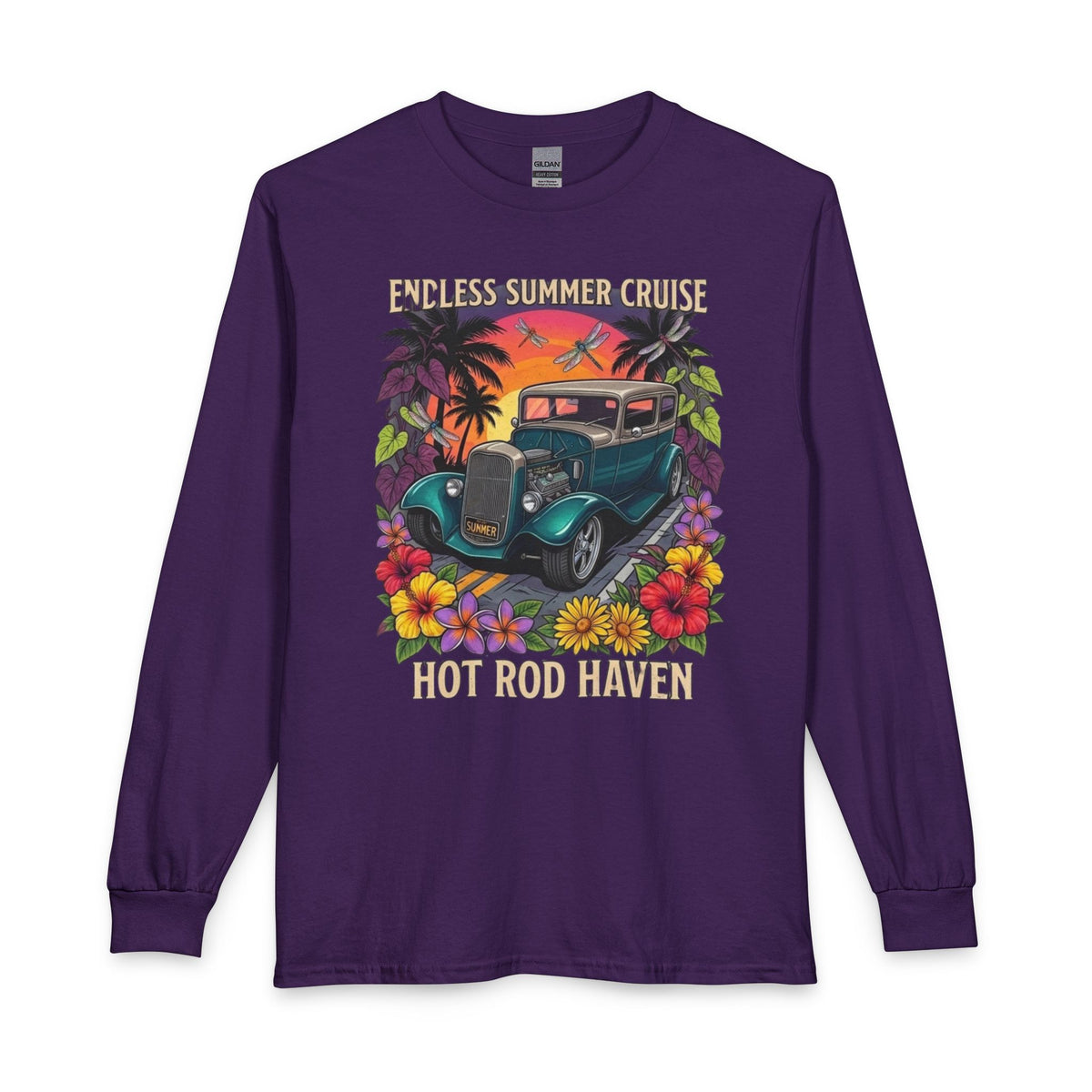 Hot Rod Haven Long Sleeve Tee — “Endless Summer Cruise” Vintage Car Beach Shirt with botanicals