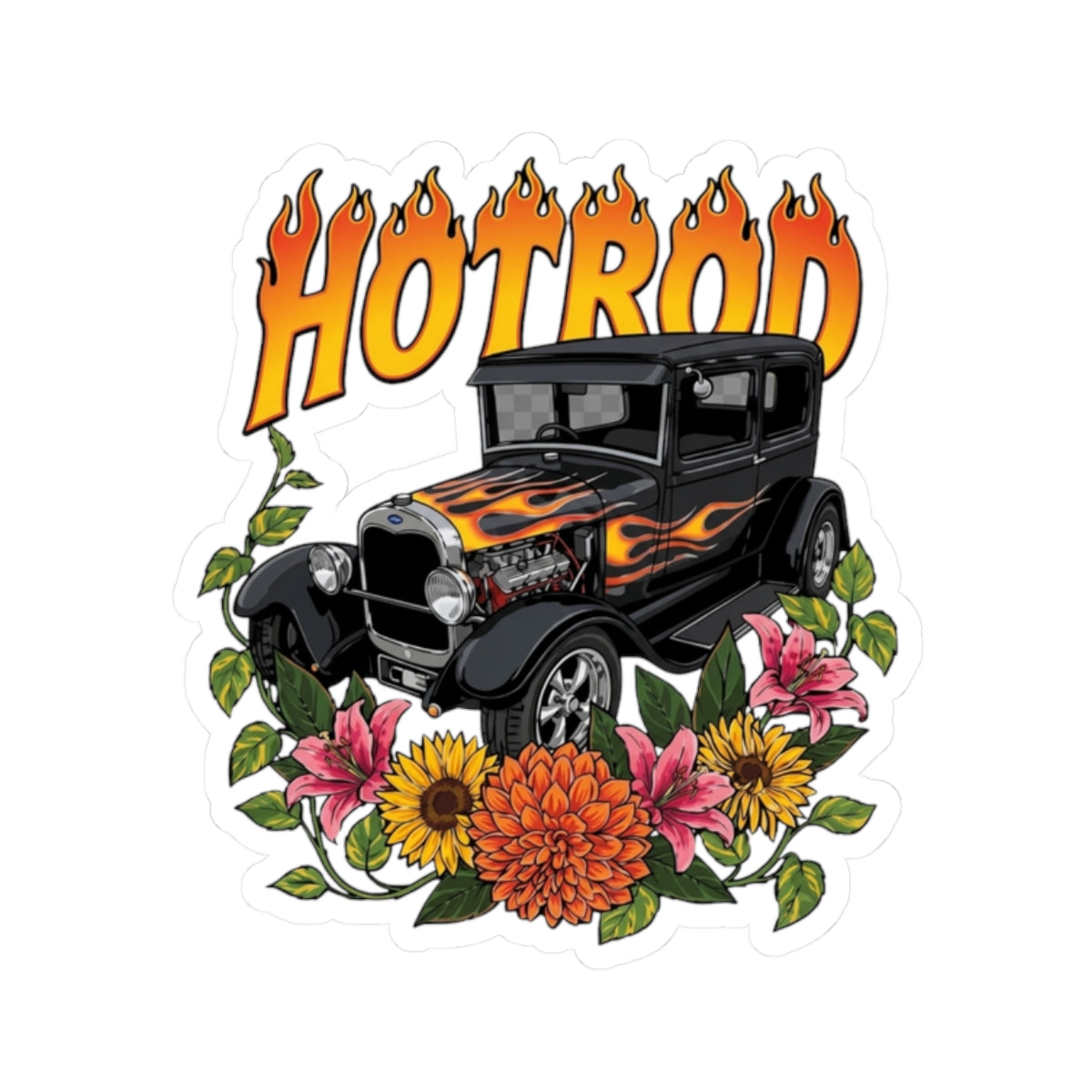 Hotrod Floral Sticker — Vintage Flame Car Kiss-Cut Decal