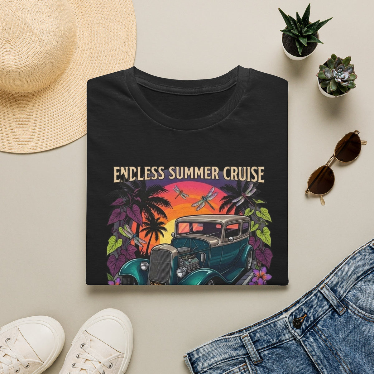 Vintage Hot Rod T-Shirt — "Endless Summer Cruise" Retro Car Sunset Tee with tropical botanicals