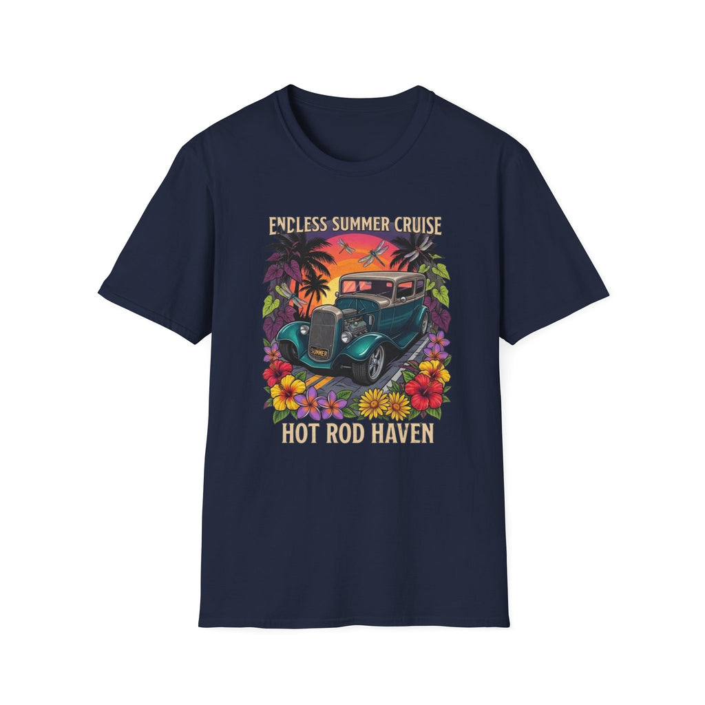 Vintage Hot Rod T-Shirt — "Endless Summer Cruise" Retro Car Sunset Tee with tropical botanicals