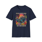 Vintage Hot Rod T-Shirt — "Endless Summer Cruise" Retro Car Sunset Tee with tropical botanicals