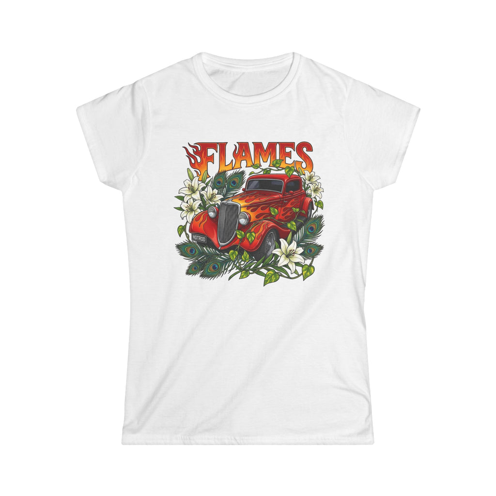 softstyle tee Custom Vintage orange flamed hotrod with white lillies, botanicals peacock feathers.