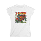 softstyle tee Custom Vintage orange flamed hotrod with white lillies, botanicals peacock feathers.