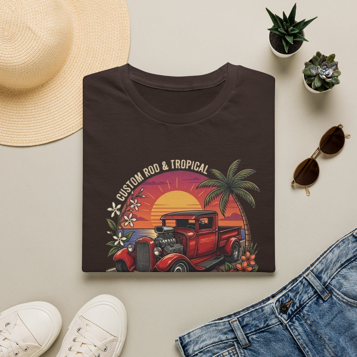 Coastal Cruise Vintage Car T‑Shirt — Retro Sunset Tropical Road Trip Tee