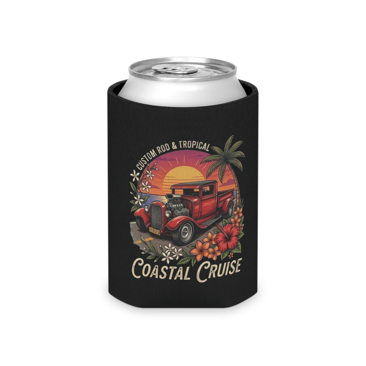 Can Cooler - Coastal Cruise Vintage Car Sunset Design