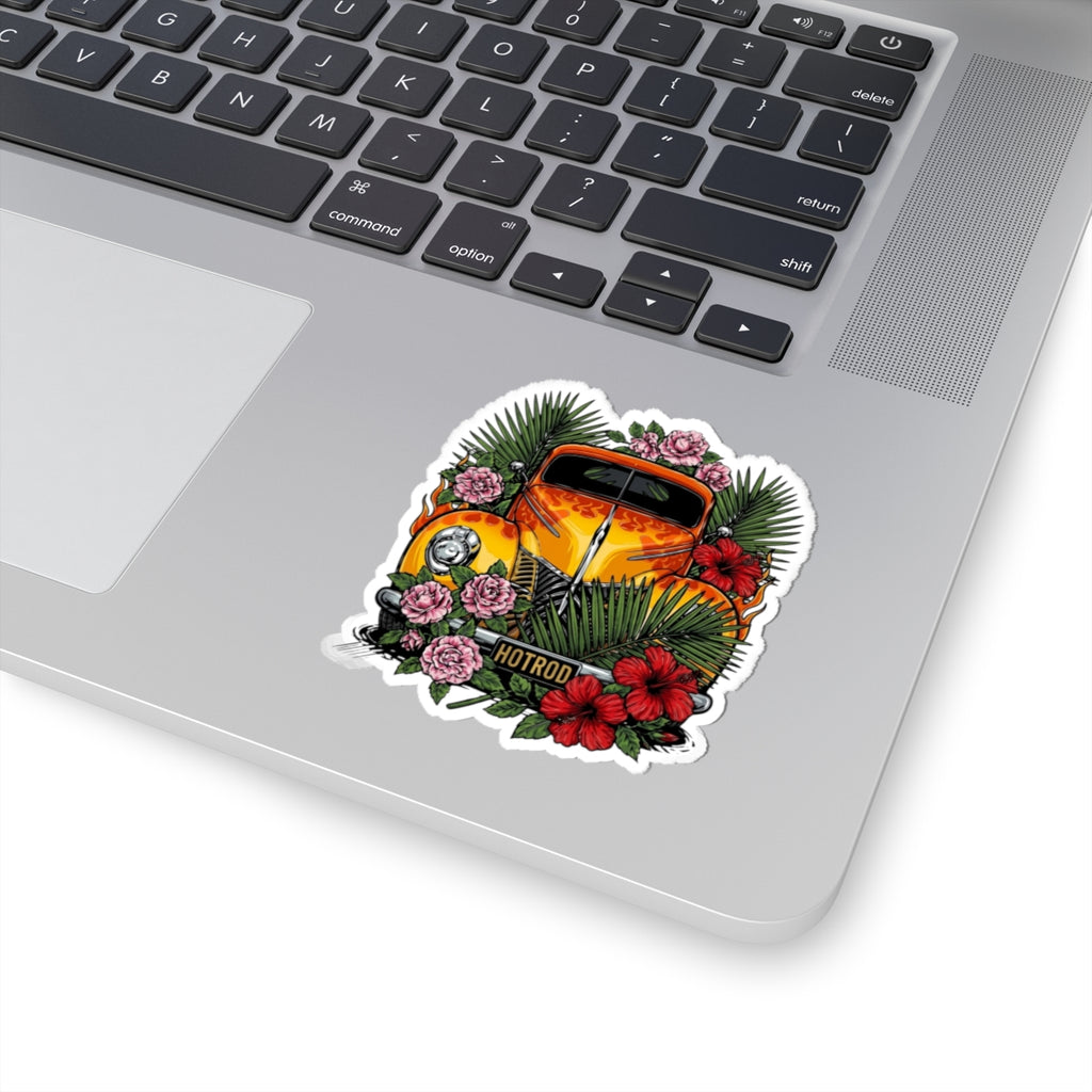 Hot Rod Floral Sticker — Vintage Orange Car with Hibiscus & Palms