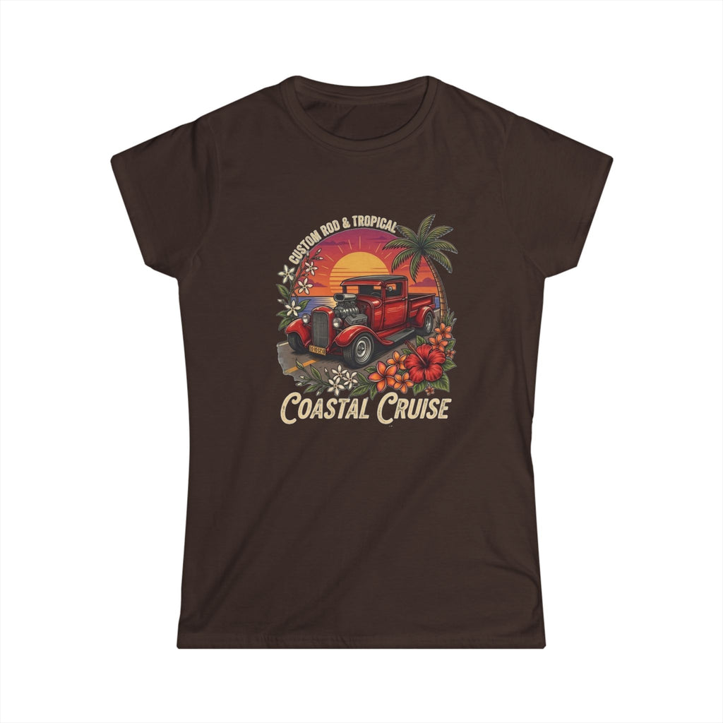 Women's Softstyle Tee Coastal cruise with hot rod ute and setting sun and frangipani hibiscus and palm tree botanical