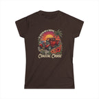 Women's Softstyle Tee Coastal cruise with hot rod ute and setting sun and frangipani hibiscus and palm tree botanical