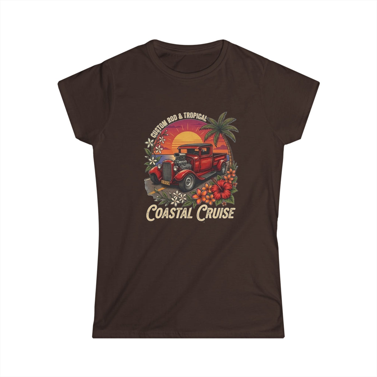 Women's Softstyle Tee Coastal cruise with hot rod ute and setting sun and frangipani hibiscus and palm tree botanical