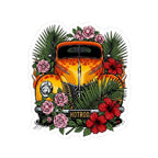 Hot Rod Floral Sticker — Vintage Orange Car with Hibiscus & Palms