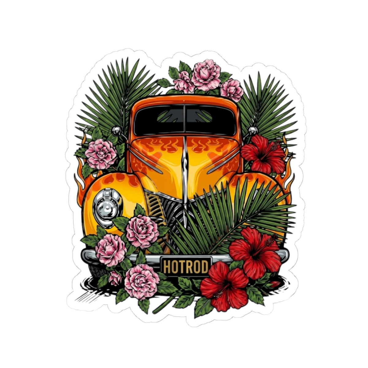 Hot Rod Floral Sticker — Vintage Orange Car with Hibiscus & Palms