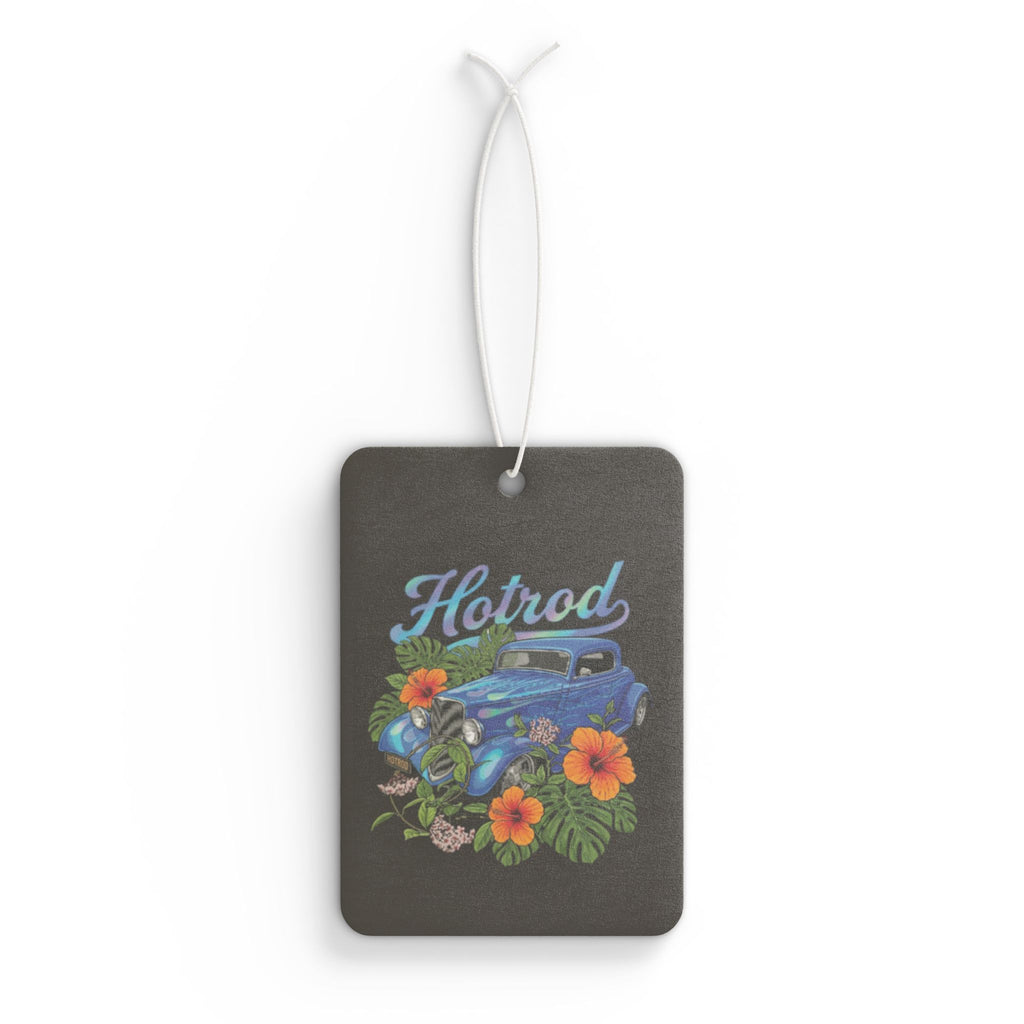 Hotrod Vintage Car Air Freshener — Retro Blue Car with Tropical Flowers