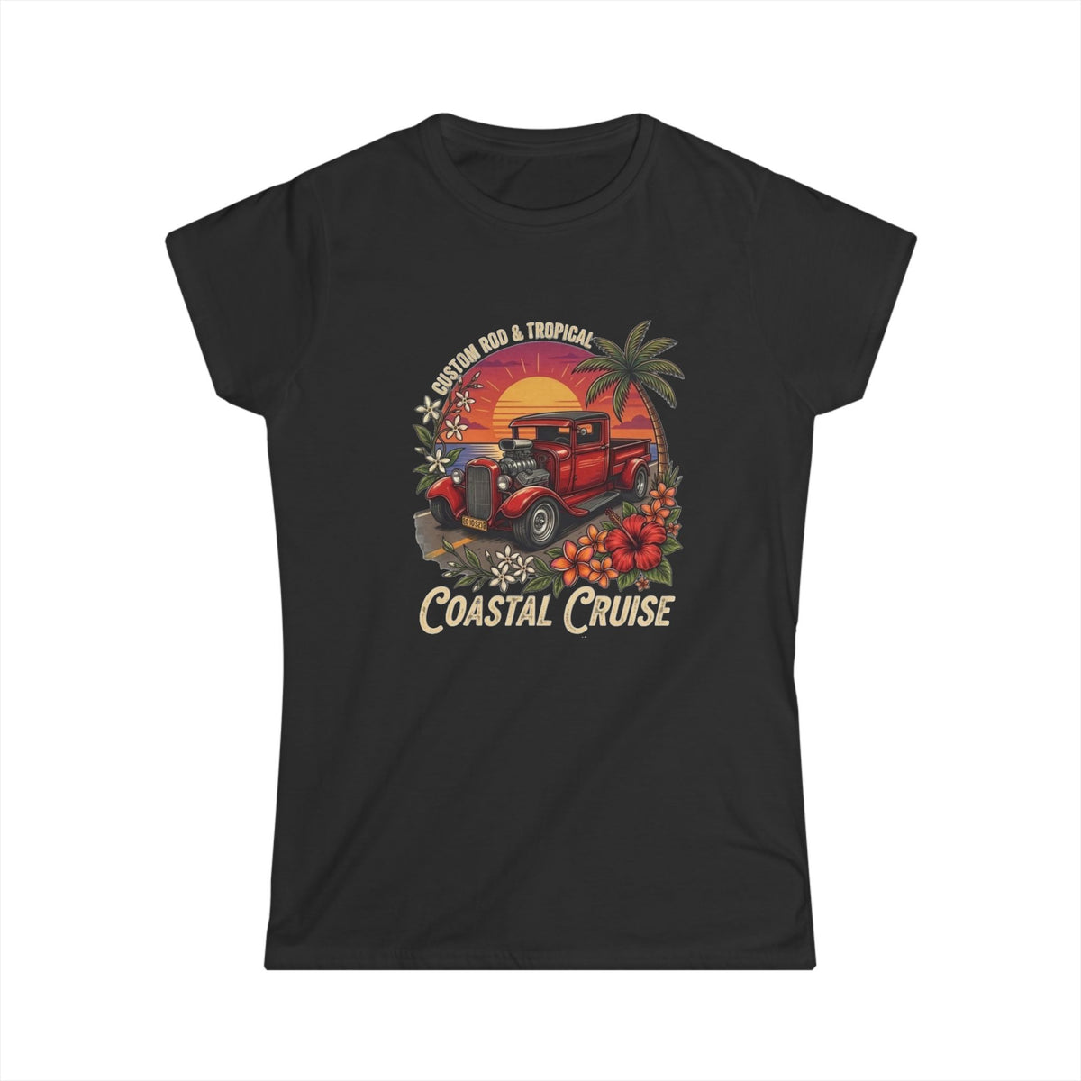 Women's Softstyle Tee Coastal cruise with hot rod ute and setting sun and frangipani hibiscus and palm tree botanical