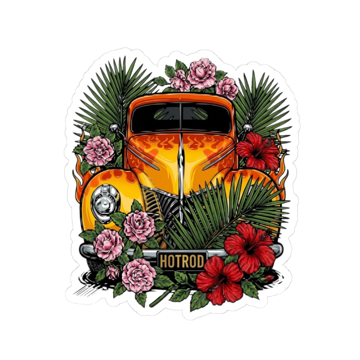 Hot Rod Floral Sticker — Vintage Orange Car with Hibiscus & Palms