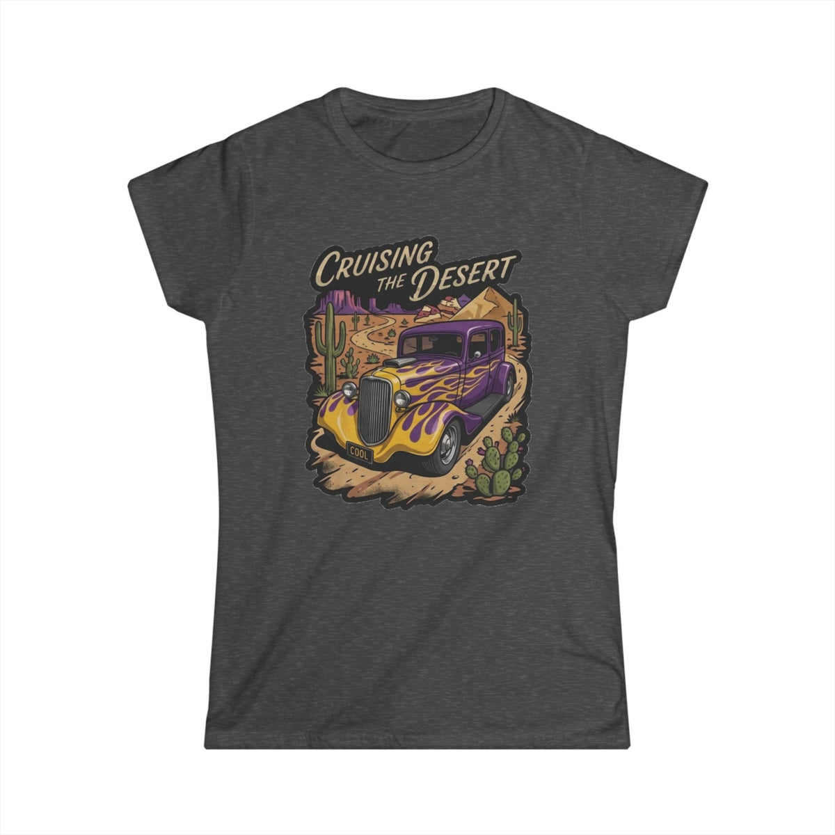 Crusing the desert with purple and gold flamed coupe desert scene and cactus botanical Blue Flames design Studio