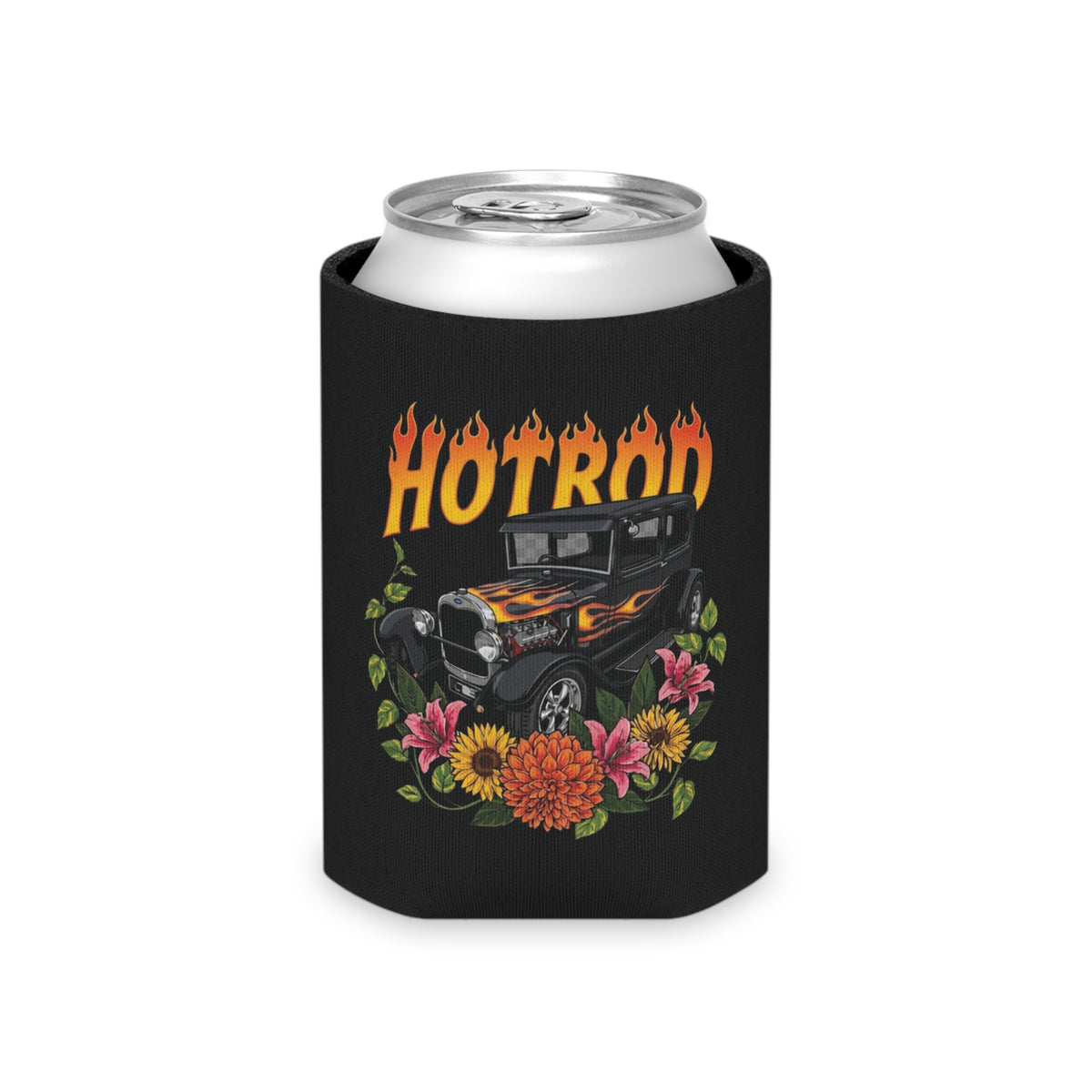 Can Cooler — Retro Hotrod Flames & Floral Vintage Car Koozie