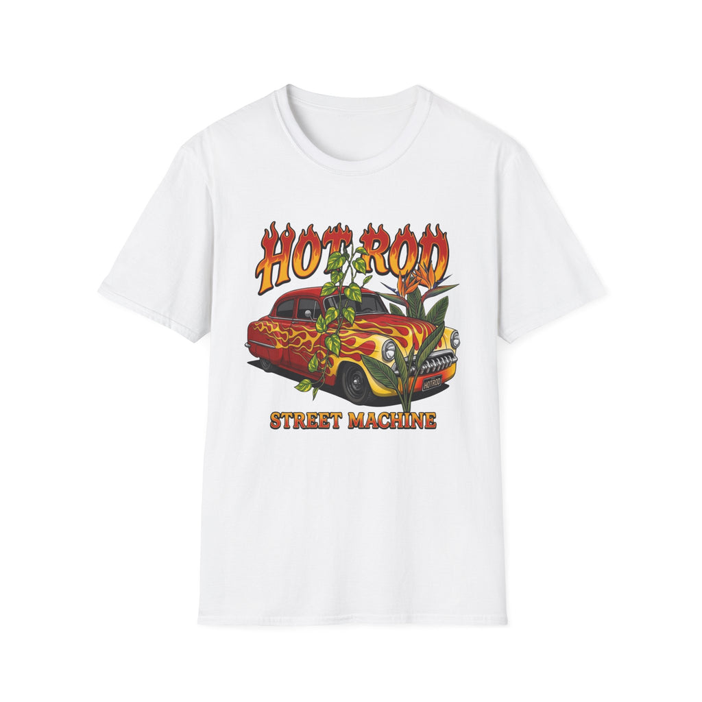 Botanical vintage custom car culture orange car with yellow flames and goldern pothos and bird of paradise