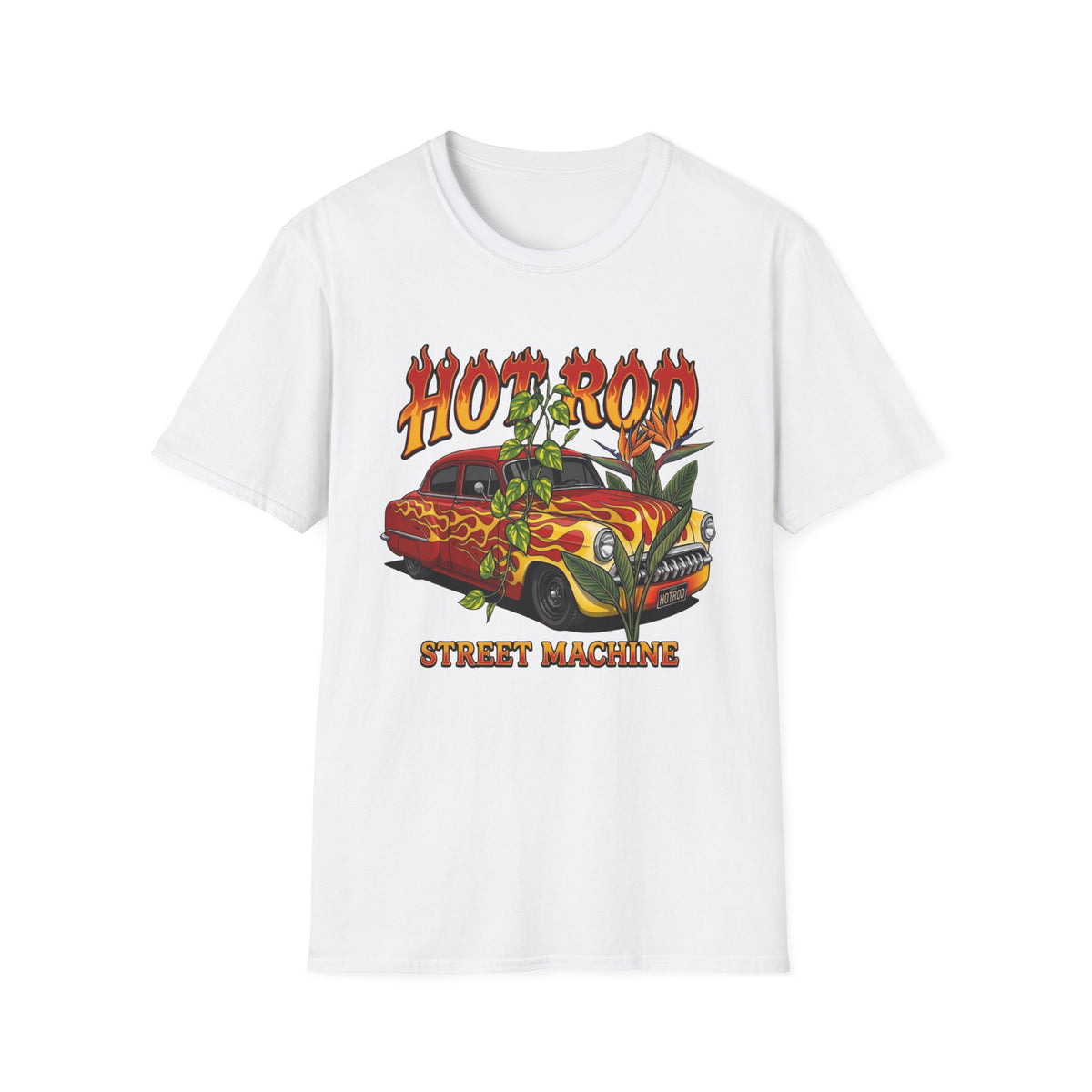 Botanical vintage custom car culture orange car with yellow flames and goldern pothos and bird of paradise