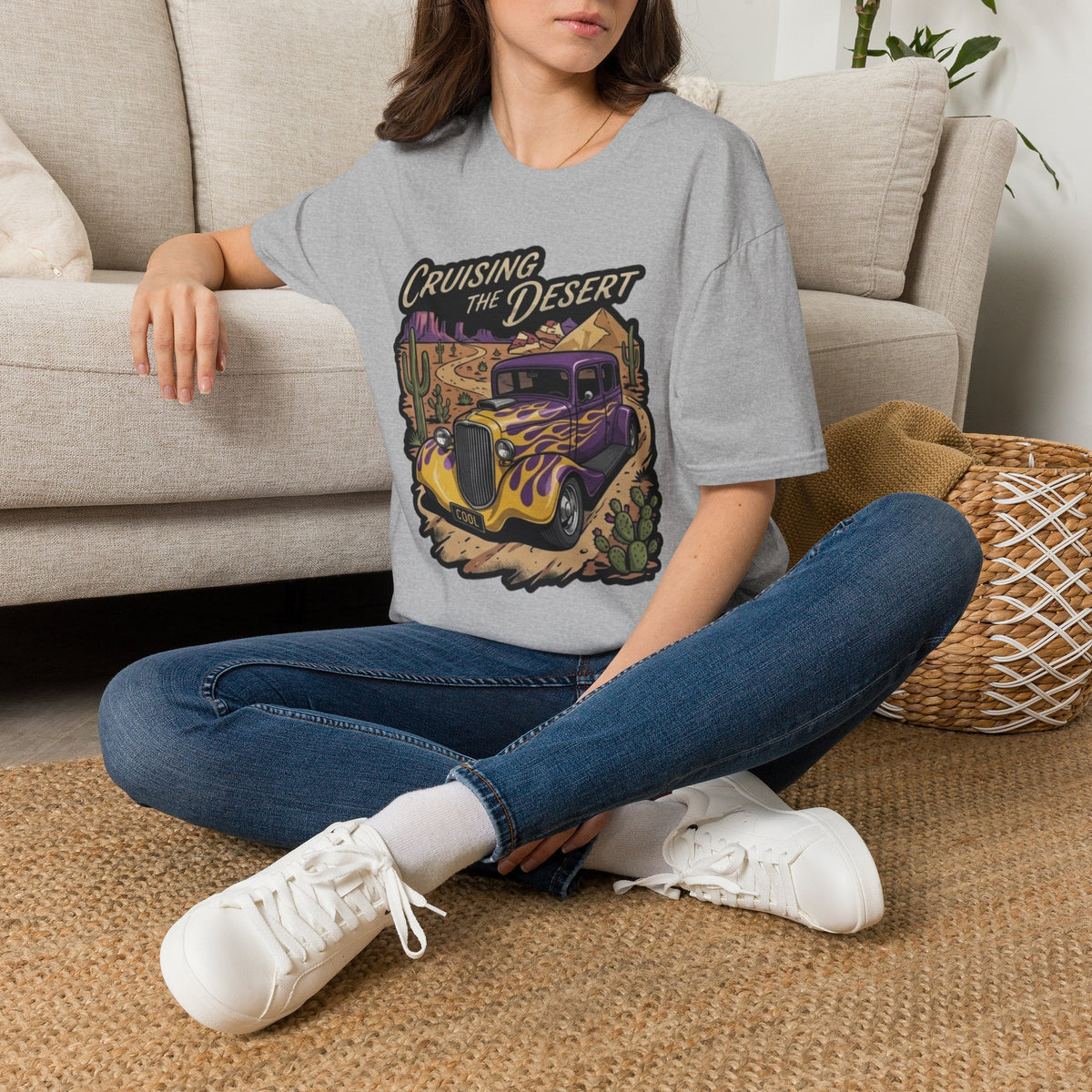 Cruising the Desert Vintage Car T-Shirt with cactus botanicals