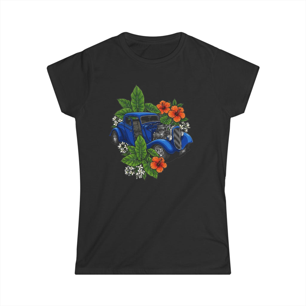 Women's T-Shirt - Classic White Softstyle Tee blue hot rod with hibiscus black. Blue Flames Design Studio 
